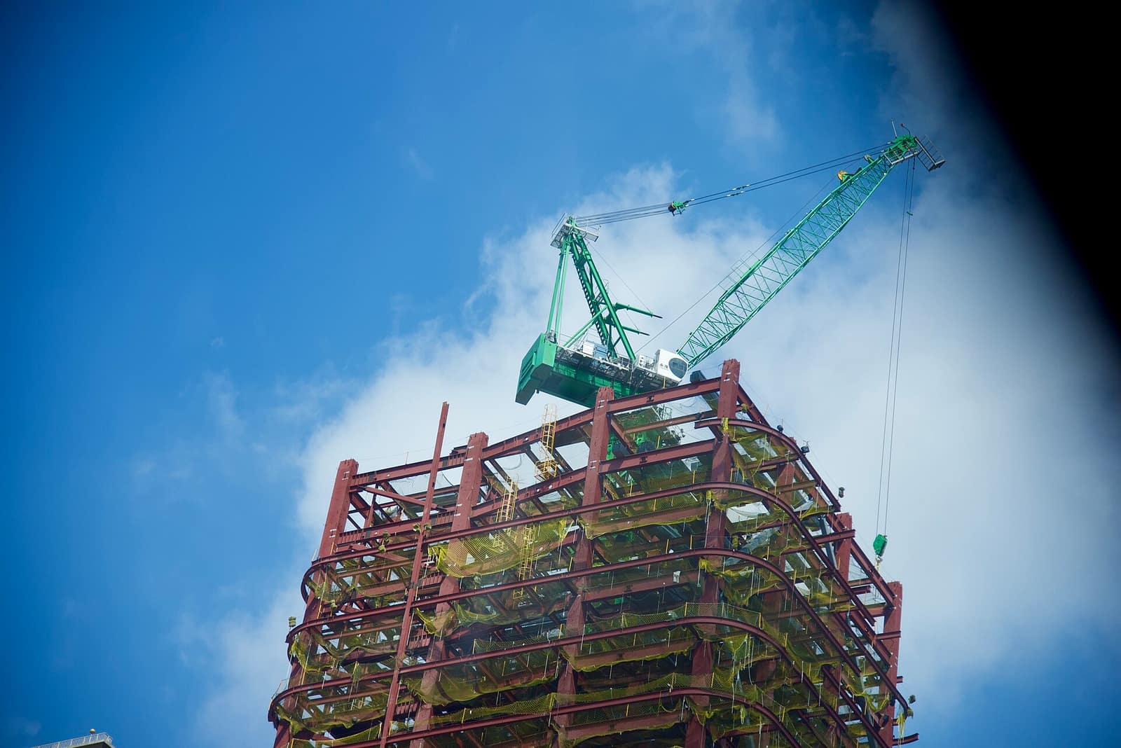 A steel frame building under construction
